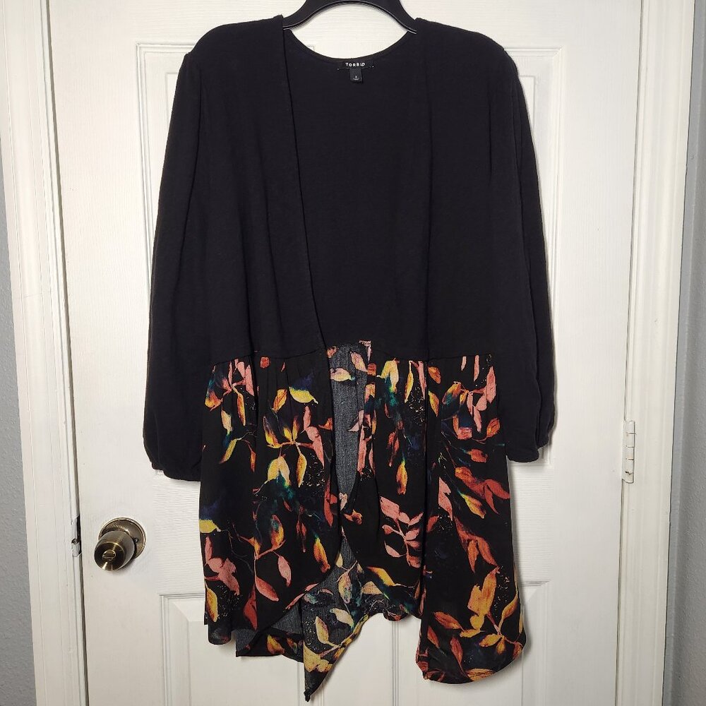 torrid Black Open-Front Cardigan with Multicolor Leaf Print Hem